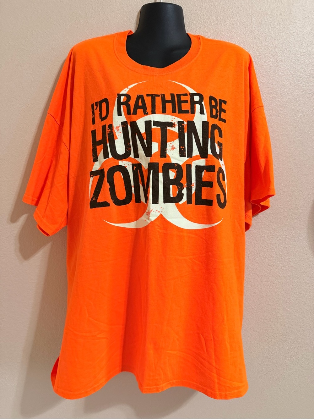 Gildan Orange Short-Sleeve Tee with White Biohazard and Black Text